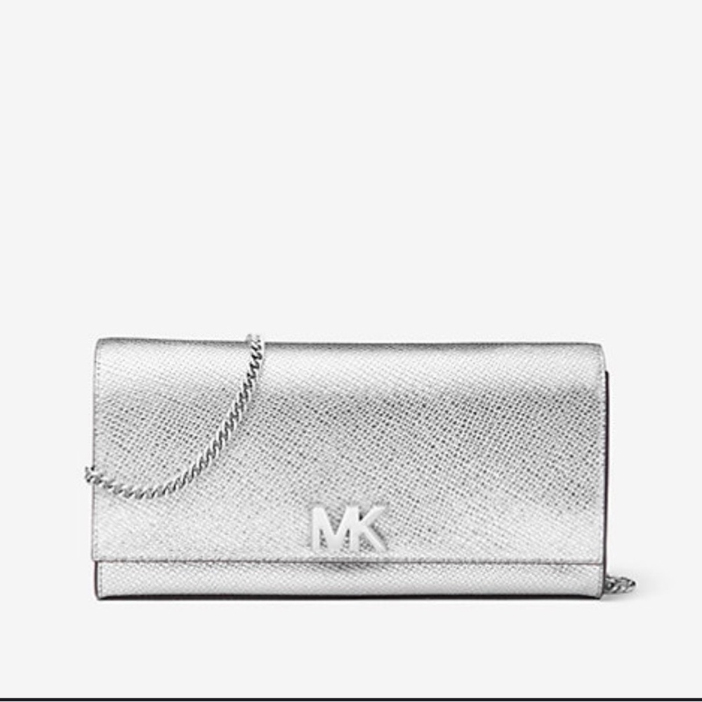Michael Kors Metallic Mott leather Silver Clutch chain wallet crossbody